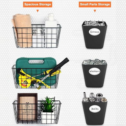 Pegboard Basket Organizers, Peg Board Large Baskets Hooks Bins Cups Tool Organizer 6 Pack Set, Wall Storage Display Hanging Accessories for Craft Office Stadio Shed Garage Organization (Black & Black)