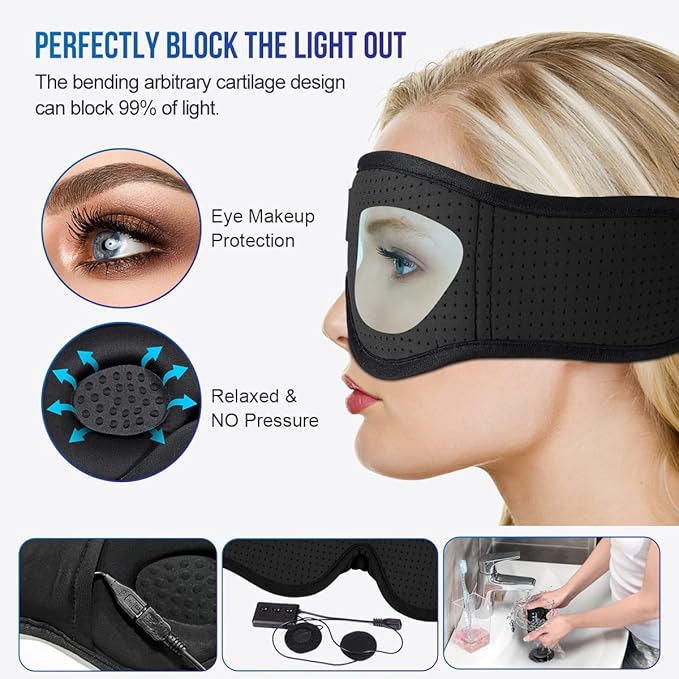 MUSICOZY 3D Bluetooth 5.4 Sleep Headphones, Breathable Wireless Music Eye Mask, Sleeping Headphones with Headband for Side Sleepers, Women, Men, Air Travel, Unique Tech Gifts