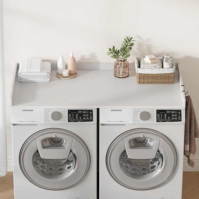 Washer Dryer Countertop, Wood Countertop with Edge Rails for Laundry Room Organization and Storage, Washer Dryer Topper for Laundry Room, 27.5" x 54" (White)