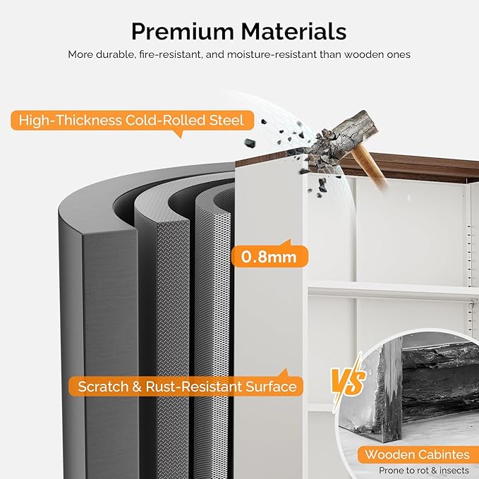 VINGLI Bookcase with Doors and Adjustable Shelves, Steel 70" Tall Bookshelf, 6-Tier Farmhouse Metal Storage Cabinet for Study, Living Room, Home Office, Kitchen Pantry, White Display Cabinet