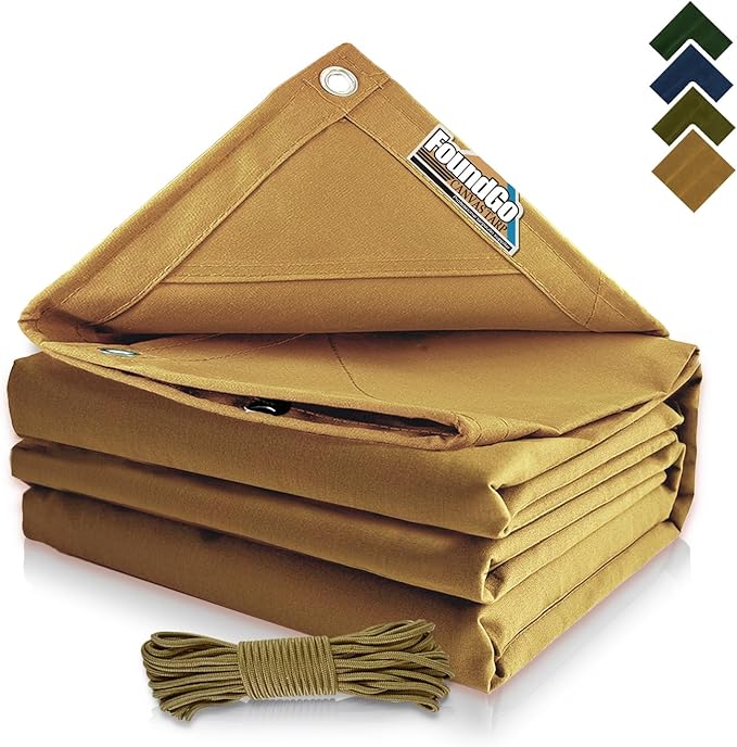FoundGo 16x20ft Canvas Tarp 22 Mil Tarps 14 oz Canvas Tarpaulin Heavy Duty Cloth Water/UV Resistant Cover with Rustproof Grommets & Ropes for Cars,Roofs,Boats,Camps,Sunshades，Moisture Barrier -Tan
