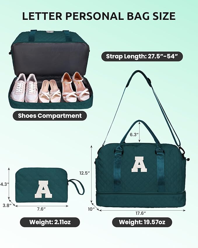 Womens Birthday Gift, Birthday Gift-Initial Travel Bag with Shoe Compartment, Personalized Weekender Bag, Monogram Overnight Bag for Women, Kids Duffel Bag with Makeup Bag (Letter Q)