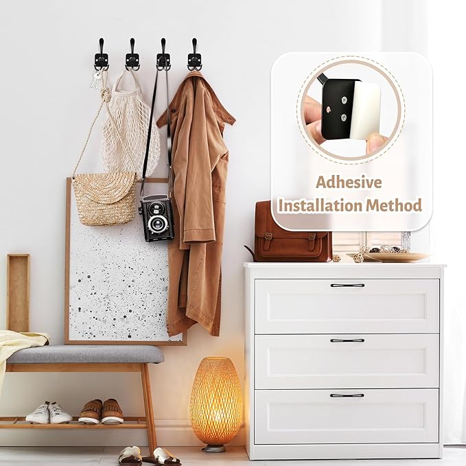 VIS'V 3 Prong Coat Hooks Wall Mount, Metal Self Adhesive Entryway Wall Hooks, 2 Mount Options, Black, 4 Pcs