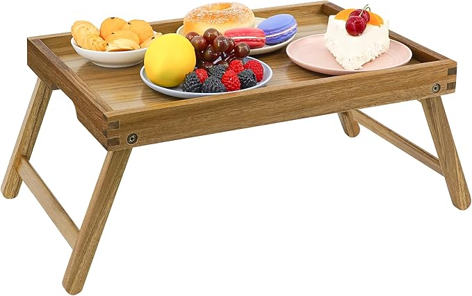 VaeFae Acacia Bed Table Tray, Wooden Breakfast Tray with Folding Legs, Bed Tray for Eating and Laptop, Eating Trays for Bedroom, (2 Pack)