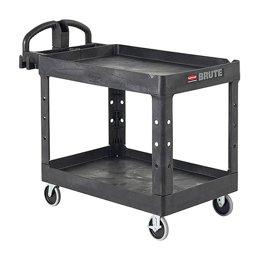 Rubbermaid Commercial Products 2-Shelf Utility/Service Cart, Medium, Black, Lipped Shelves, Ergonomic Handle, 500 Lbs Capacity, forfor Warehouse/Garage/Cleaning/Manufacturing
