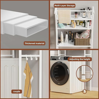 Over The Washer and Dryer Storage Shelf, 3 Tier Laundry Room Metal Drying Rack with Towels Hangers, Space Saver Organizer for Hanging Clothes and Towels (Metal White RA2)