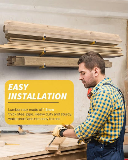 Lumber Rack Wall Mount Storage Racks Folding Wood Organizer Heavy Duty Shelf Brackets With 3-Level 360 Lbs Capacity Yellow Metal Utility Racks Garage Wall Shelving for Indoor and Outdoor Use (2 Pack)