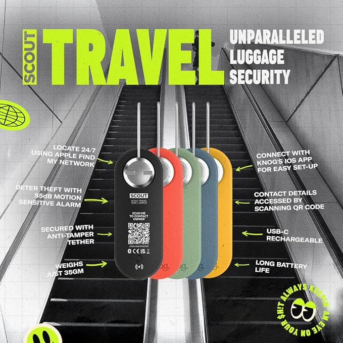 Knog Scout iOS Smart Tag, Tracker & 85d Alarm– Rechargeable Luggage Tag Compatible with iOS App & Apple Find My, Digital Contact Info, Remote Chime, Low Battery Alerts, Water-Resistant, Red