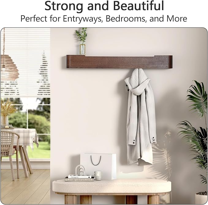 Coat Rack Wall Mount with Hidden Hooks Modern Key Holder Wood Entryway Hook with Shelf for Bedroom Kitchen Hallway Bathroom Designed for Hanging Coats Hats Bags Towel Dog Leashe(Walnut,8 Hooks)