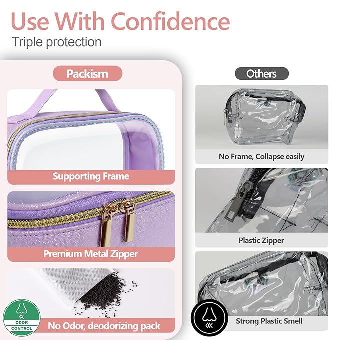 PACKISM TSA Approved Toiletry Bag - Glitter Textured Clear Travel Bag, Personalized and Fashion, with 180° Large Opening and Supporting Frame, Perfect for Travel Essentials, Thick No Smell, Purple