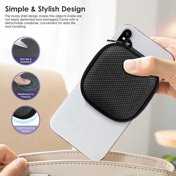 Earbud Case Hard EVA Earphone Carrying Case Cell Phone Accessories Storage Bag with Carabiner for Airpods Headset Earphone Flash Drive Charging Cable Key Wall Charger USB Adapter Cable (Black 2Pack)