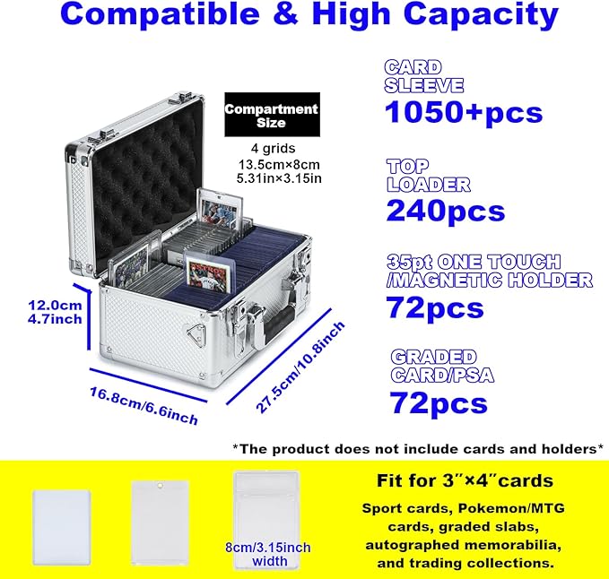 Multi color Card Storage Hard Case, Sports Card Collection Boxes,Trading Cards Cabinet, Carrying Cases Specially Adapted to Hold Sports Trading Cards, Toploader Box (Silver, Small)