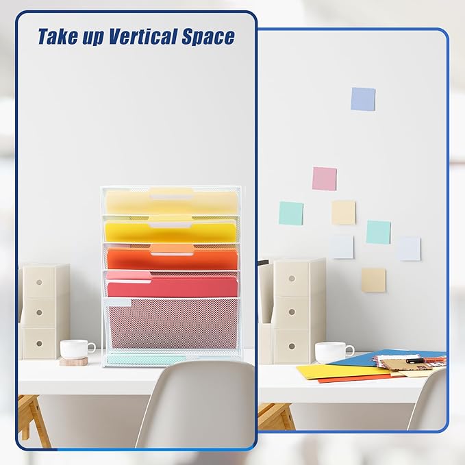 EASEPRES Desk File Organizer Mesh 6-Tier, Hanging Wall Mount Document Organization Stand, Desktop Vertical Mail Paper Folder Holder Rack with Bottom Tray for Office Home Cubicle Countertop, White