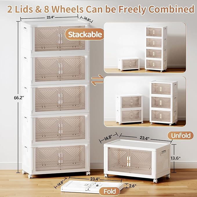Storage Bins with Lid 76QT, Stackable Storage Containers with Wheels and Magnetic Doors, Plastic Clothes Closet Organizers and Storage Box for Home and Office (5 Pack)