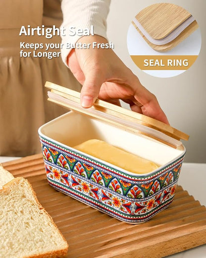 Hasense Bohemian Butter Dish, Farmhouse Ceramic Butter Dish with Lid for Fridge, Butter Container Holder with Cover or Fridge,Silicone Sealing, Holds Two Sticks of Butter, Green