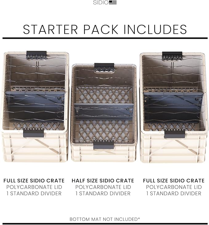 SIDIO CRATE Starter Pack - Two Full Size and One Half Size SidioCrate, Stackable Outdoor Organizer Storage Bins with Clear Lid and Dividers - Tan