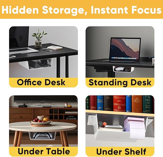 4 Pack Under Desk Hanging Shelf Drawer Organizer, Attachable Plastic Hidden Storage Tray, Easy Adhesive Mount Holder for Standing Tables, Office, Counters, Cabinets, Workstations - White