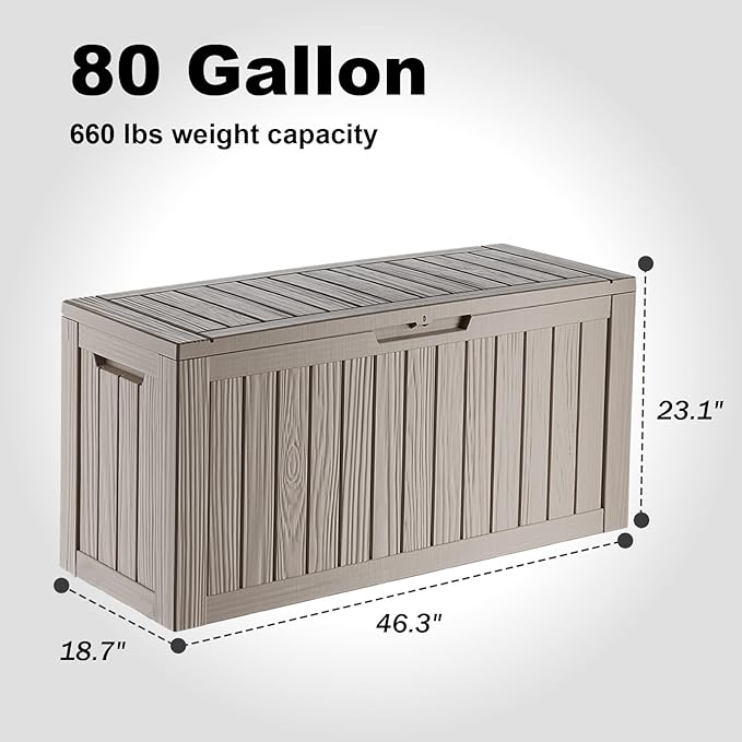 80 Gallon Resin Deck Box, Outdoor Waterproof Storage Containers, Lockable Patio Storage Box For Furniture, Gardening Storage With Lids (Brown)