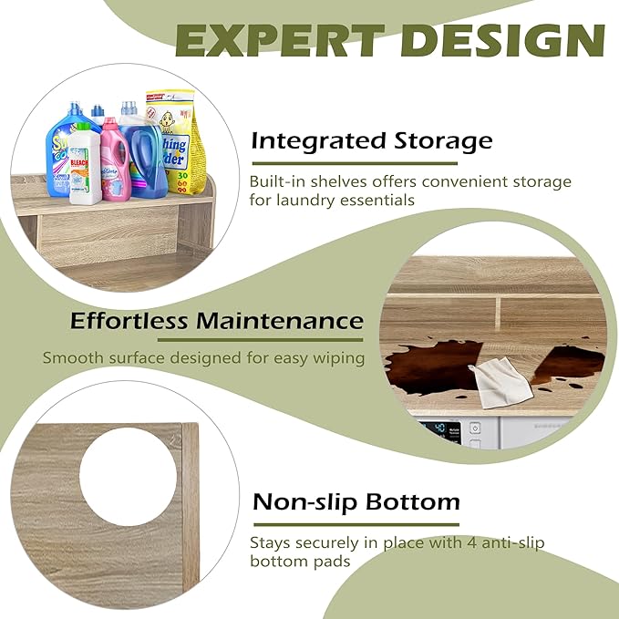 Royxen Laundry Countertop with Storage Universal Fit, Washer and Dryer Countertop with Shelf, Laundry Room Storage, 2-Tier Shelf, White Oak