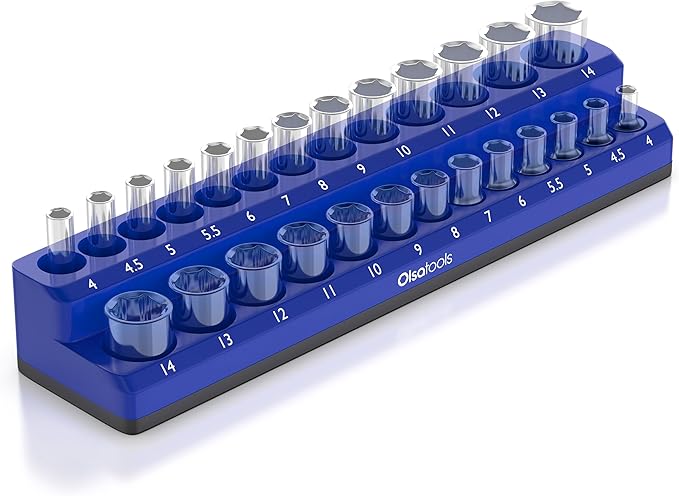 Olsa Tools Magnetic Socket Holder | 1/4-inch Drive | Metric | Blue | Holds 26 Sockets | Professional Quality Tools Organizer