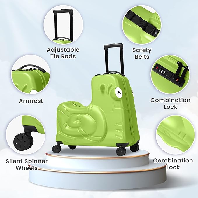 Kids Ride-on Luggage with Spinner Wheels Suitcase, Kid's Ride-On Suitcase Help Your Child Relax, Carry On Trolley Luggage with Password Lock (Green, 22 inches)
