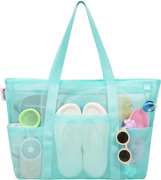 Tagitary Mesh Beach Bag with Zipper Large Beach Tote Waterproof Sandproof with 8 Pockets for Toys Pool Bag Beach Accessories