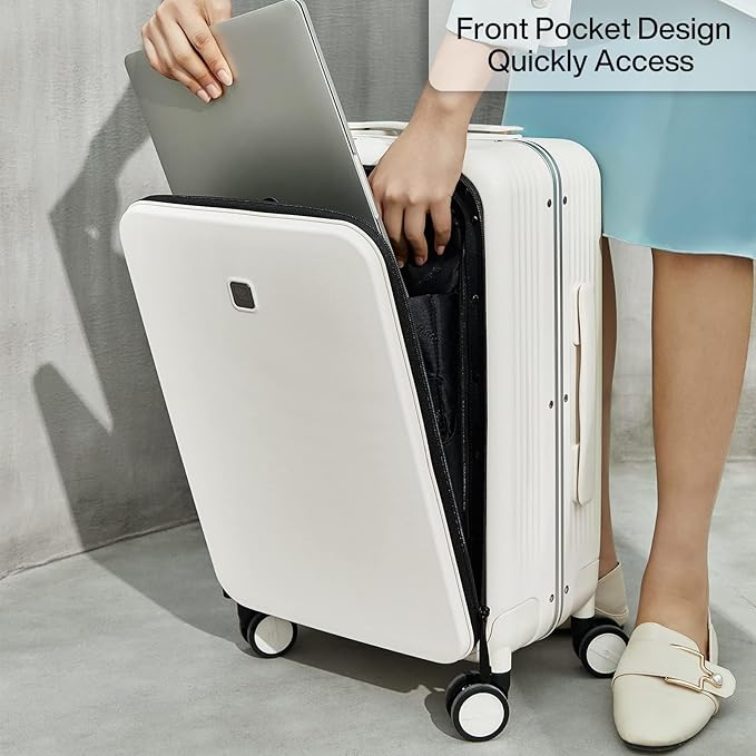 Hanke Grace Hard Shell Suitcases with Wheels,20 Inch Carry On Luggage Airline Approved with Aluminum Frame, Travel suitcase with Front Pocket Travel Luggage for Short Business Trips, Smoke White.
