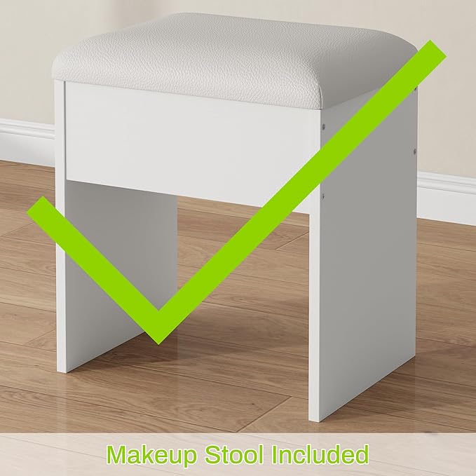 ONME Fluted Makeup Vanity Desk with Mirror and Lights, for Women and Girls, Vanity Table with Drawers, Glass Top, Power Outlet & Adjustable Shelves, Modern Dressing Table for Bedroom