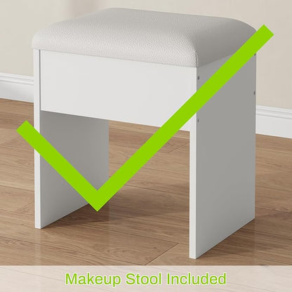 ONME Fluted Makeup Vanity Desk with Mirror and Lights, for Women and Girls, Vanity Table with Drawers, Glass Top, Power Outlet & Adjustable Shelves, Modern Dressing Table for Bedroom