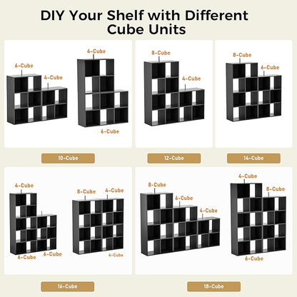 COMHOMA 4 Wood Cube Storage Organizer with Open Back and Removable Back Panels, 11In Black Cube Storage Bookshelf, Cubicle Shelf Bookcase for Home Office Bedroom Living Room, Vertical or Horizontal