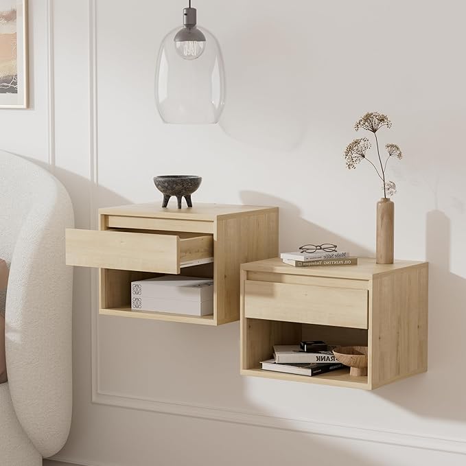 Mid Century Modern Floating Nightstand Set of 2, Wall Mounted End Table with Drawer and Open Compartment Wooden Bedside Night Stand Small Storage Cabinet for Bedroom, Light Oak