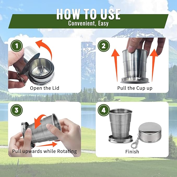 2 Pcs Stainless Steel Collapsible Cup, Foldable Cup with Lid and Keychain, Collapsible Cups for Traveling, Camping, Hiking, Biking and Daily Use (Middle)