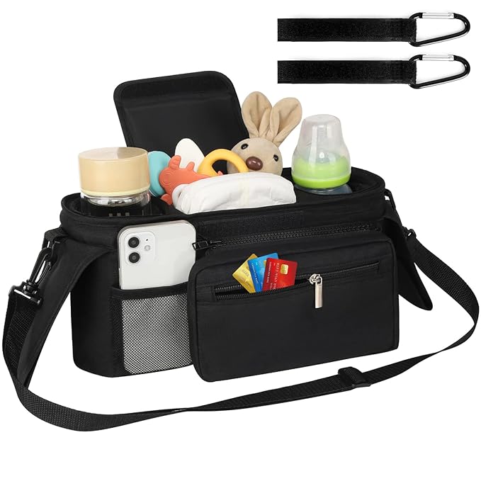 Accmor Universal Stroller Organizer with Insulated Cup Holder Detachable Phone Bag and Shoulder Strap,Stroller Bag Caddy Organizer Fits for Uppababy, Baby Jogger, Britax Strollers
