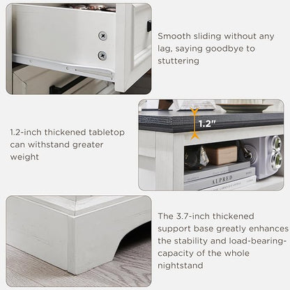 ACCOHOHO 18" Farmhouse Nightstand with Charging Station,End Table with 2 Drawers Storage,Side Table,Bedside Cabinet for Bedroom,Living Room,White