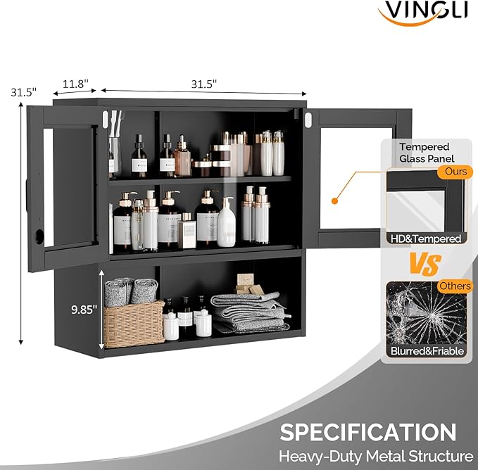 VINGLI Metal Wall Cabinet with Locking Glass Doors, Adjustable Shelf, Wall Mounted Storage Display Cabinets for Garage, Kitchen, Home Office, Warehouse, Living Room, Black