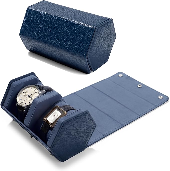 Oirlv Luxury Hexagonal Leather Watch Travel Case Watch Organizer Case for Men Portable Jewelry Storage Roll Organizer(2-Slot,Blue)