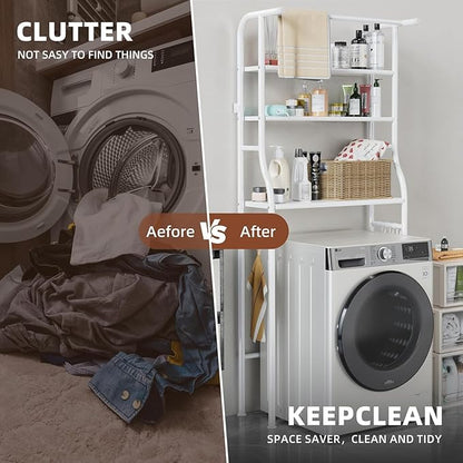 Over The Washer and Dryer Storage Shelf, 3 Tier Laundry Room Metal Drying Rack with Towels Hangers, Space Saver Organizer for Hanging Clothes and Towels (Metal White RA2)