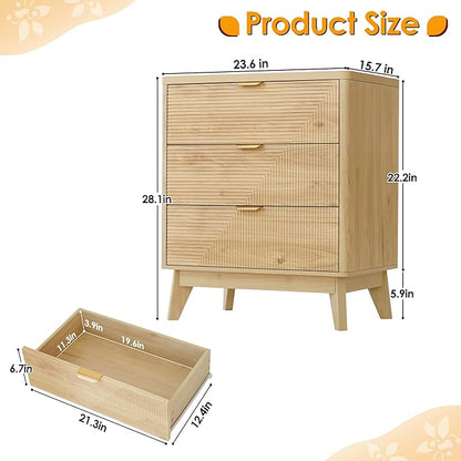 3 Drawer Fluted Nightstand for Bedroom, Modern Wood Night Stand with Curved Profile, Fluted Dresser & Wood Drawer Organizer for Bedroom and Hallway