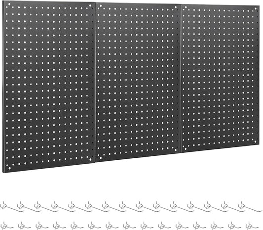 Pegboard, 3 PCS 24"×16" Metal Peg Board Panels Black Modular Wall Organizer Kit with 30 Hooks, Dual-Size Hole Design for Home Tool Storage, Garage Organization, Kitchen, Office, Craft Room