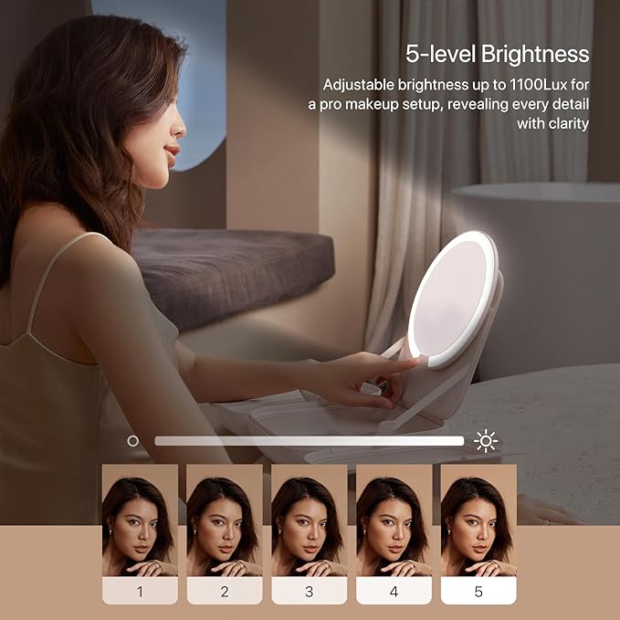 AMIRO M2 LumoCube Makeup Mirror with Bag - Portable LED Makeup Mirror with Lights, 5-Level Brightness, 3-Color Lights - Travel Makeup Organizer - Pink