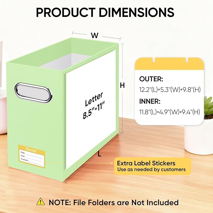 BALEINE File Organizer Box, Cardboard File Folder Organizer with Handle for Letter Size, Portable Collapsible Hanging Filing Box for Home Office Document Storage (4 Pack, Green)