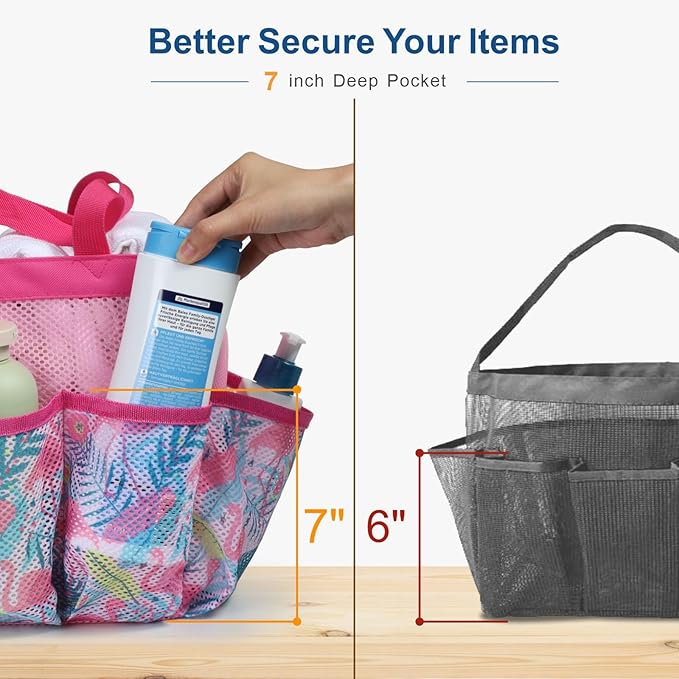 F-color Shower Caddy Portable - Mesh Shower Bag Basket Tote for College Dorm Room Essentials Bathroom Gym Camp Quick Dry for Women Men with S Hook, Pink Flamingo