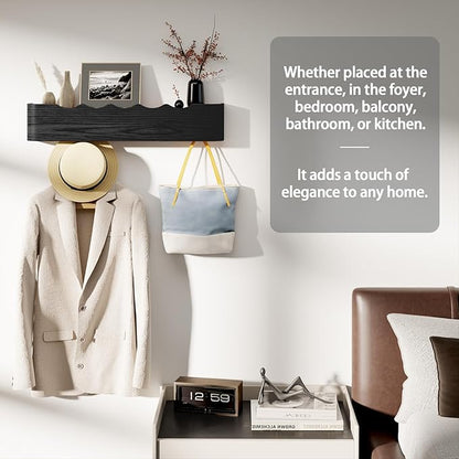 Coat Rack Wall Mount with Shelf 4 Hidden Hooks Modern Wooden Key Holder Entryway Organizer for Hallway Bedroom Bathroom Home Decor Storage for Hanging Coats Hats Bags Towels, Wave-Shape Black