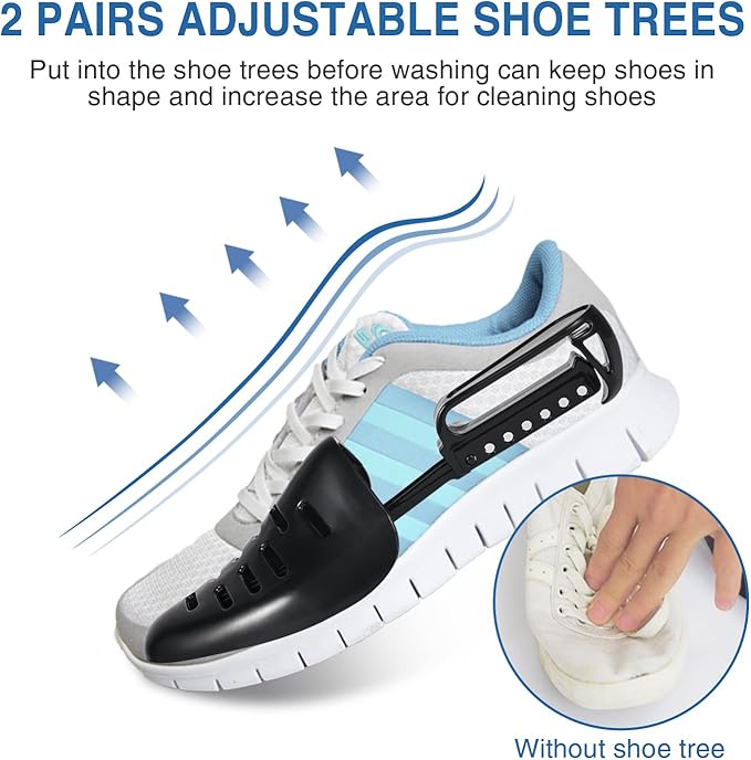 Shoe Washing Bag for Washing Machine, Fluffy Fibers Keep 360° Wrap-around Cleaning, 2 Pairs Adjustable Shoe Trees, Durable Hidden Zipper Reusable Shoe Laundry Bag for Sneaker Gym Shoes White