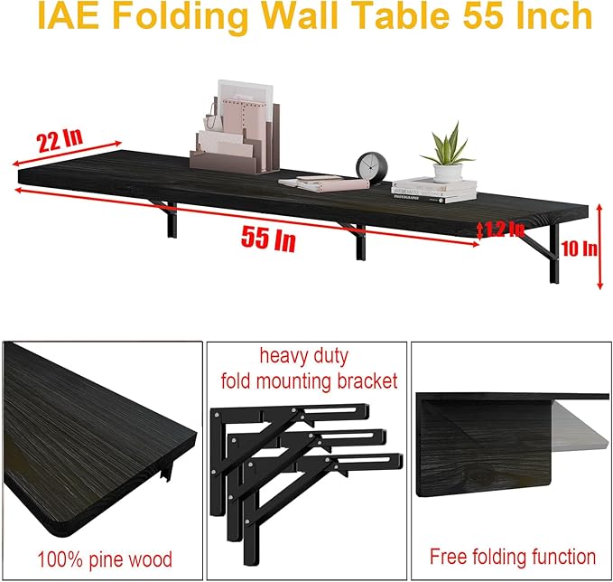 IAE Floating Wall Mounted Folding Table Desk with Pine Wood,55" x 22" Foldable Workbench,Fold Down Wall Mounted Foldable Desk with Shelf Brackets,Laundry Folding Table for Home,Dining,Kitchen,Black