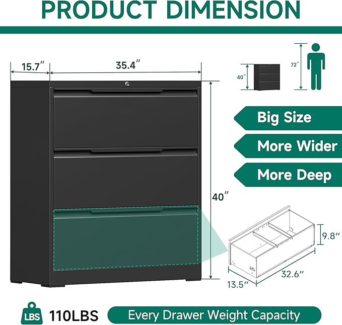 Filing Cabinet with Lock,Lateral File Cabinets 3 Drawer Metal Wide Filing Organization,Home Office School Furniture for Hanging Files Letter/Legal/F4/A4 Size,Black - Assembly Required