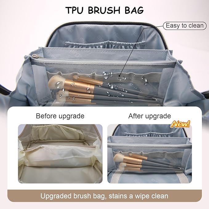 BOYATU Makeup Bag Travel Cosmetic Bag: 3 Pcs Set Portable Make up Bags for Women with Handle - Waterproof Vegan Leather Toiletry Organizer Bags with Comparments (F-04-Brown)