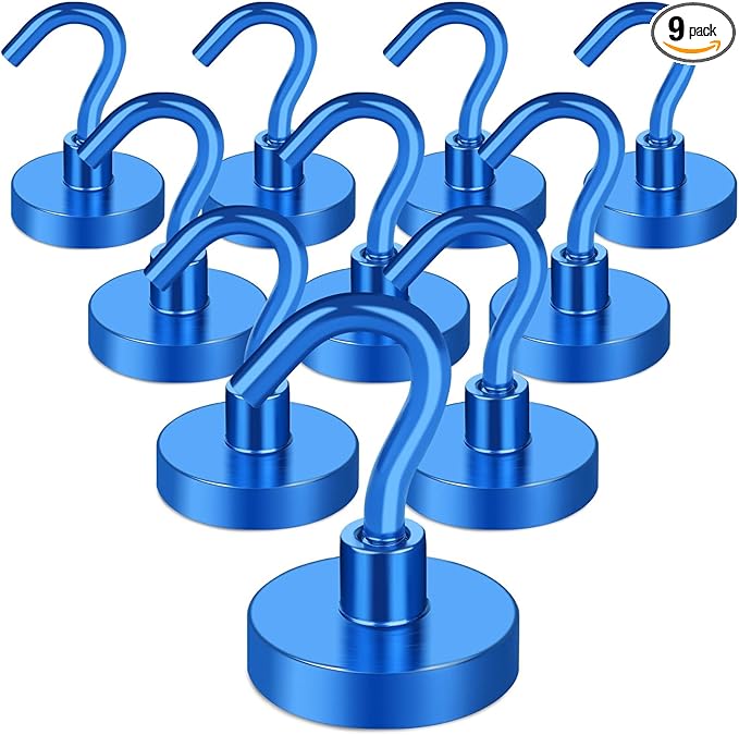 MIKEDE Magnetic Hooks Heavy Duty, 10 Lbs Magnet with Hooks for Cruise Cabins, Strong Magnets Neodymium for Hanging, Magnetic Wall Hooks for Refrigerator, Locker, Workplace(Blue, 10 Pack)