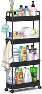 SOLEJAZZ Slim Rolling Storage Cart with Wheels 4 Tier Skinny Bathroom Storage Organizer Narrow Shelf Unit Thin Laundry Room Utility Cart for Bedside Kitchen Office Next to Fridge Small Places, Black