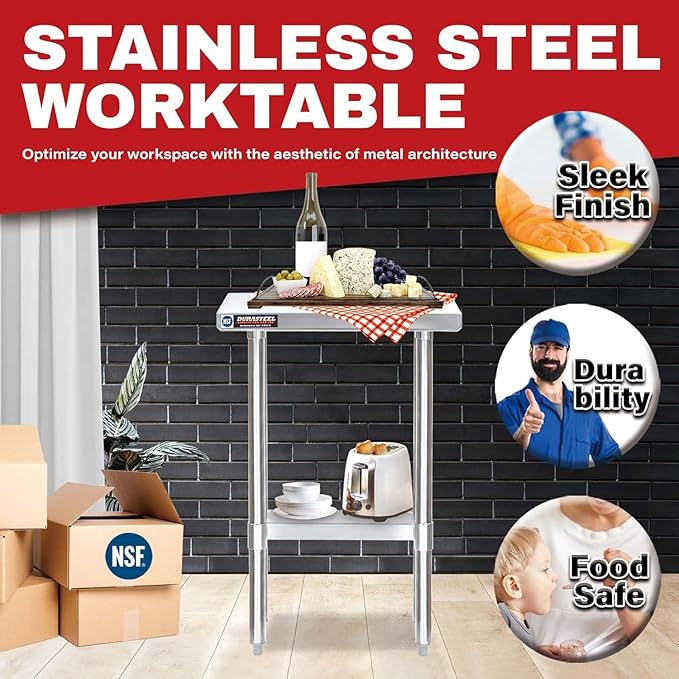 DuraSteel 24x12 Stainless Steel Work Table - NSF Commercial Prep Metal Table - Outdoor Pizza Oven Stand w/Under Shelf - Kitchen Island Laundry Utility Garage Microwave Stand Large Rolling Storage Cart